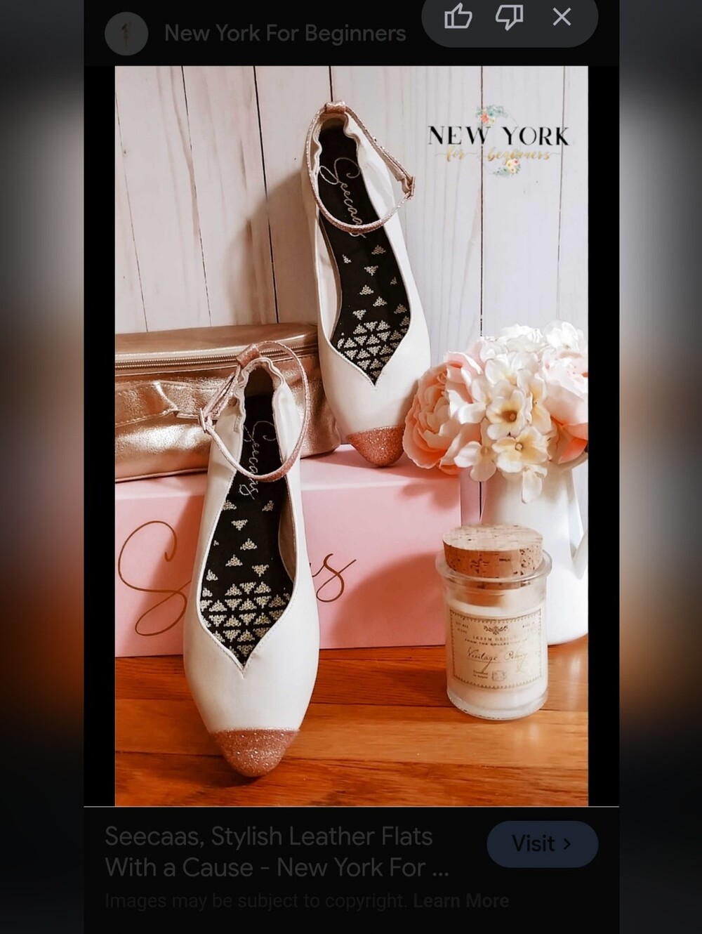 New Condition Seecaas  White Leather Ballet Flats with Rose Gold Toe